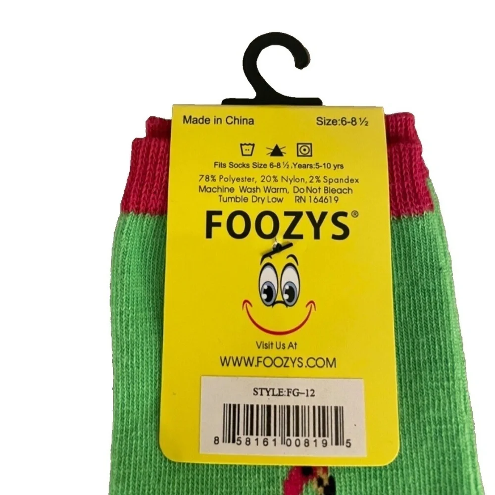 Foozys Kids Crew Socks: Flamingo;‎ Green/Pink; Kids 5-10 yrs